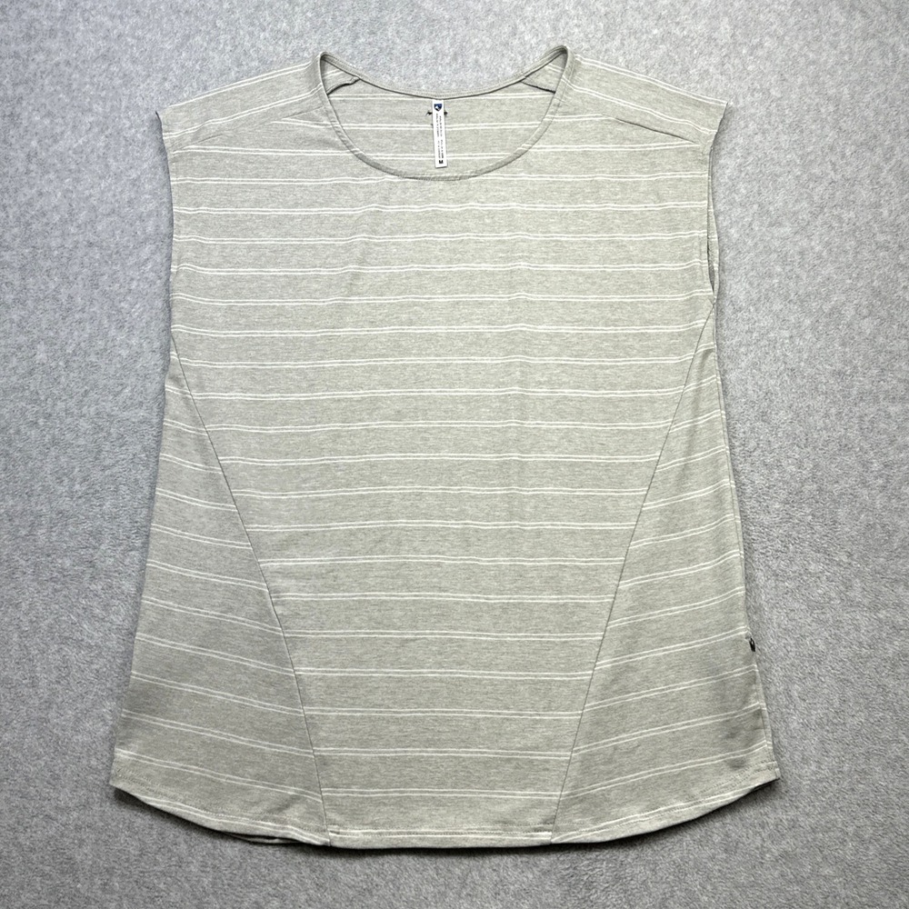 Kuhl Laurel Shirt Women Medium Beige Gray Stripe Cap Sleeve Tee Hiking Outdoor